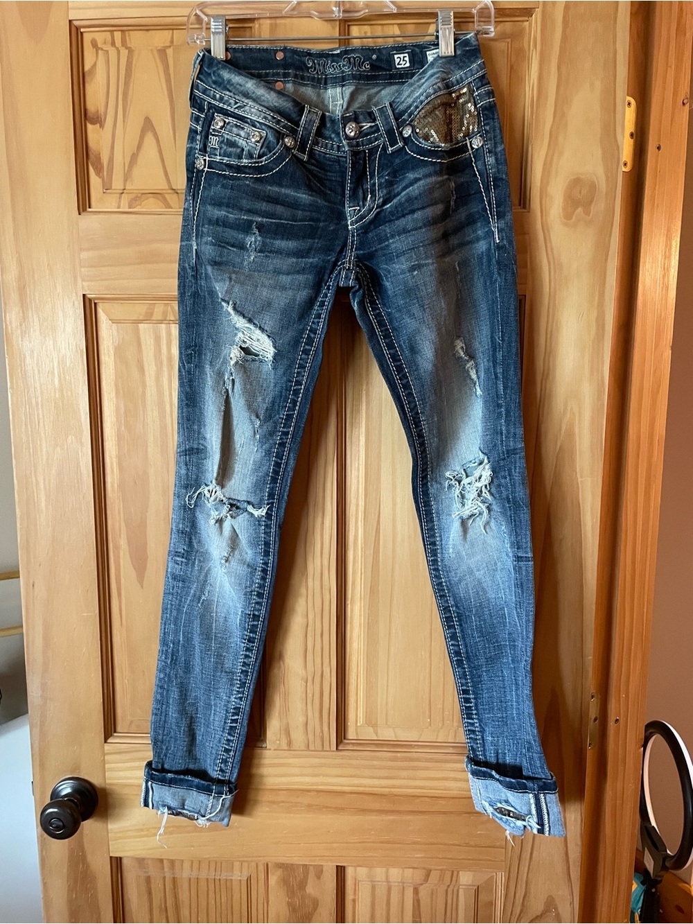 Miss Me Distressed Dark Blue Skinny Jeans with Embellished Pockets